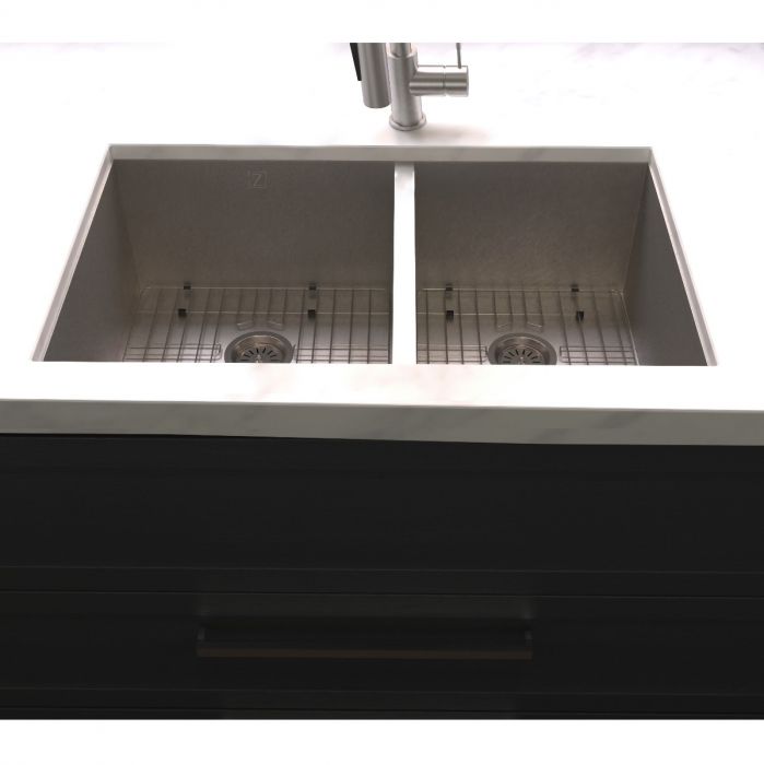ZLINE 36 in. Chamonix Undermount Double Bowl DuraSnow® Stainless Steel Kitchen Sink with Bottom Grid, SR60D-36S