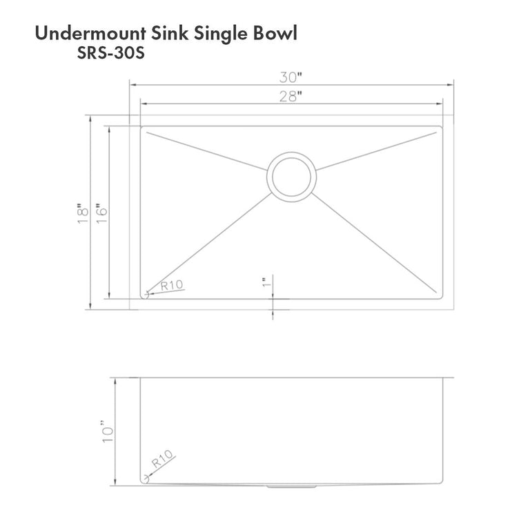 ZLINE 30 in. Meribel Undermount Single Bowl DuraSnow® Stainless Steel Kitchen Sink with Bottom Grid, SRS-30S