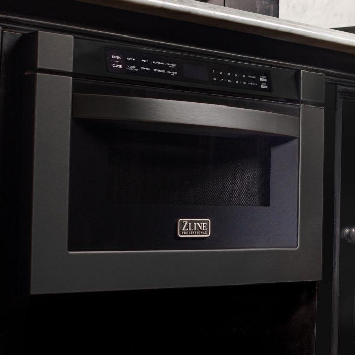 ZLINE Appliance Package - 30" Dual Fuel Range, Range Hood, Microwave, Dishwasher, Refrigerator in Black Stainless