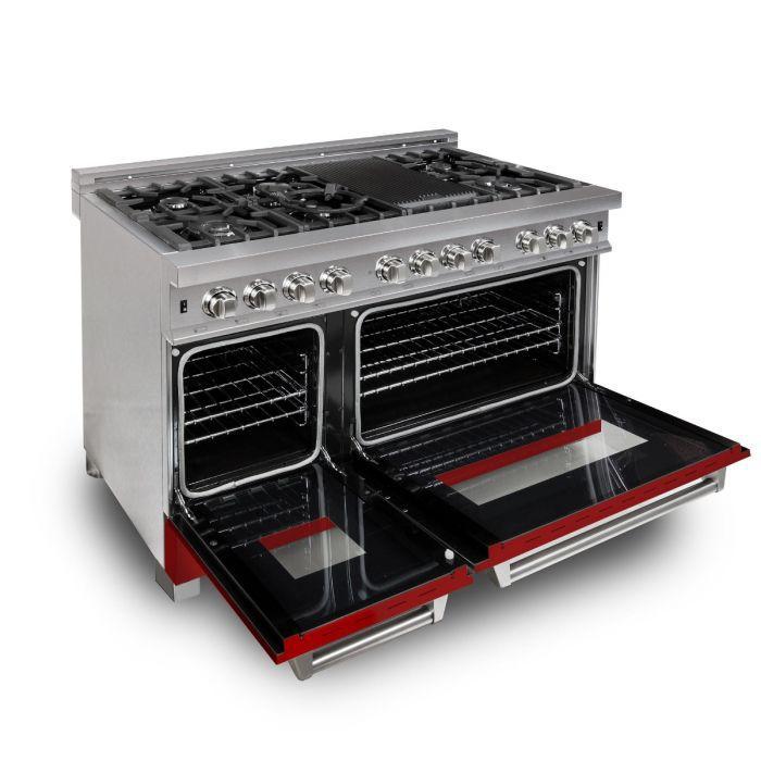 ZLINE 48 in. Professional Gas Burner/Electric Oven DuraSnow® Stainless 6.0 cu.ft. 7 Range with Red Matte Door, RAS-RM-48
