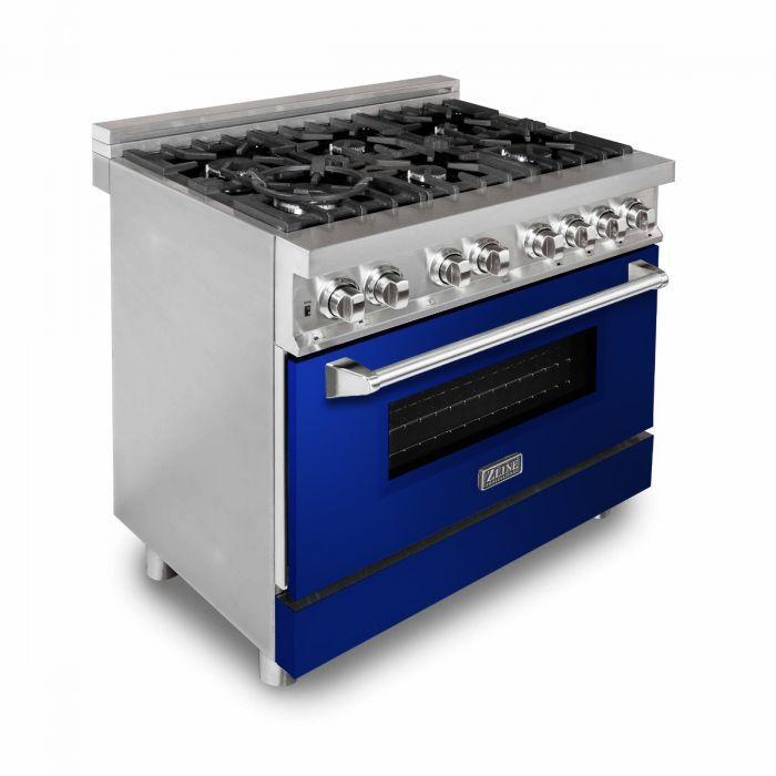 ZLINE 36 in. Professional Gas Burner/Electric Oven Stainless Steel Range with Blue Gloss Door, RA-BG-36