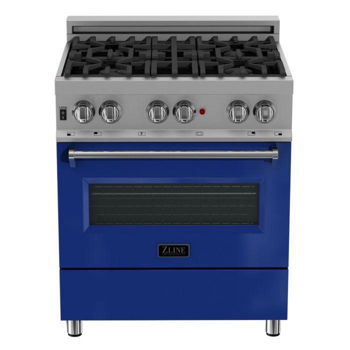 ZLINE 30 in. Professional Gas Burner/Electric Oven in DuraSnow® Stainless with Blue Gloss Door, RAS-BG-30