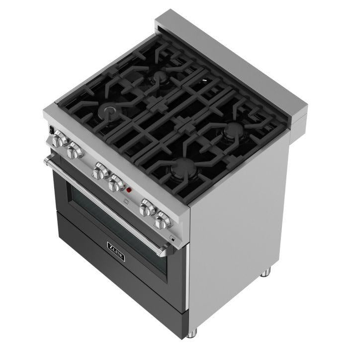 ZLINE 30 in. Professional Gas Burner/Electric Oven in DuraSnow® Stainless with Black Matte Door, RAS-BLM-30