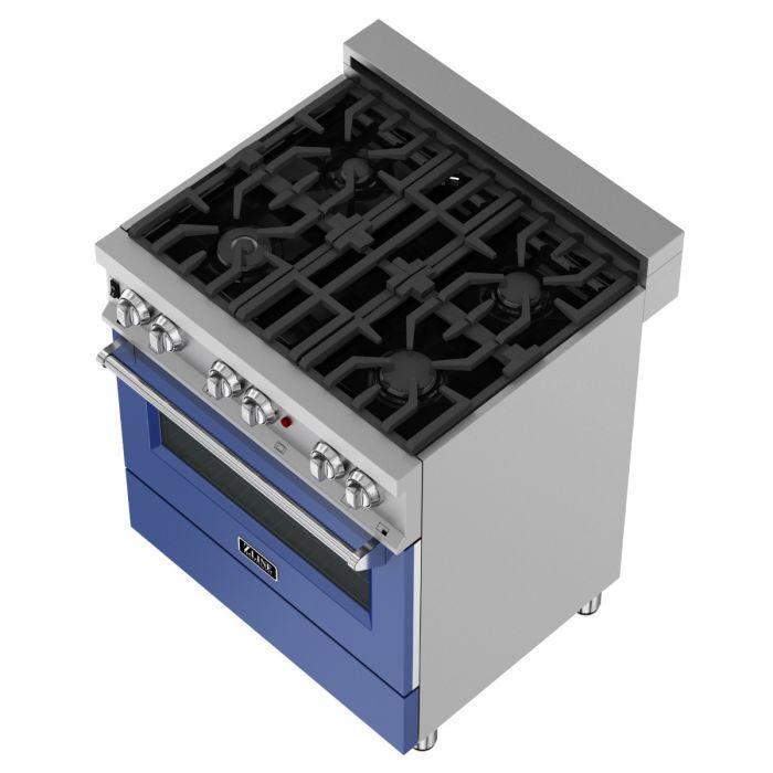 ZLINE 30" Dual Fuel Range in DuraSnow® with Blue Matte Door & 30" Range Hood Appliance Package, 2KP-RASBMRH30