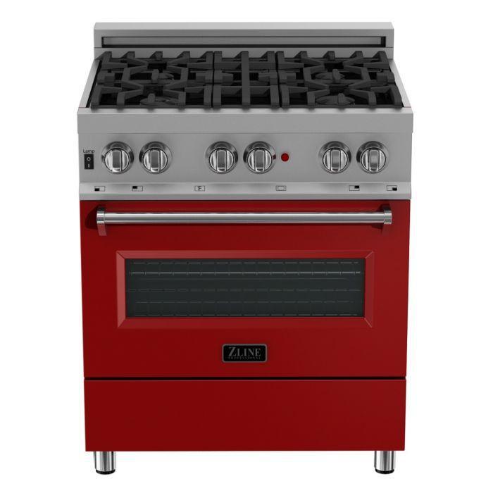 ZLINE Kitchen and Bath 30 in. Professional Gas Burner/Electric Oven in DuraSnow® Stainless with Red Gloss Door, RAS-RG-30