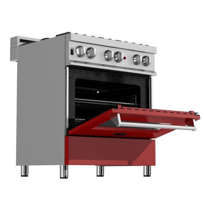 ZLINE Kitchen and Bath 30 in. Professional Gas Burner/Electric Oven in DuraSnow® Stainless with Red Gloss Door, RAS-RG-30