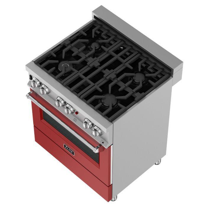 ZLINE Kitchen and Bath 30 in. Professional Gas Burner/Electric Oven in DuraSnow® Stainless with Red Gloss Door, RAS-RG-30