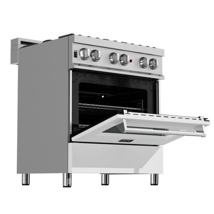 ZLINE Kitchen and Bath 30 in. Dual Fuel Range in DuraSnow® with White Matte Door & 30 in. Range Hood Appliance Package, 2KP-RASWMRH30