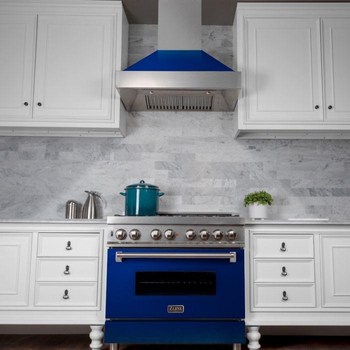 ZLINE 36 in. Professional Gas Burner/Electric Oven in DuraSnow® Stainless with Blue Gloss Door, RAS-BG-36