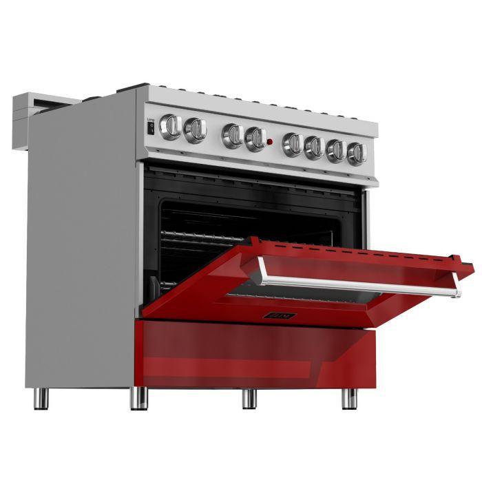ZLINE Kitchen and Bath 36 in. Professional Gas Burner/Electric Oven in DuraSnow® Stainless with Red Gloss Door, RAS-RG-36