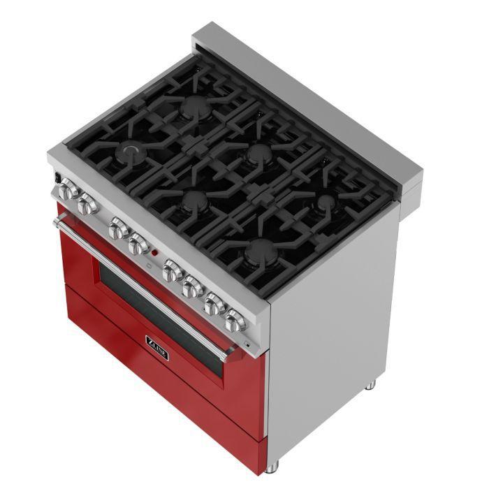 ZLINE Kitchen and Bath 36 in. Professional Gas Burner/Electric Oven in DuraSnow® Stainless with Red Gloss Door, RAS-RG-36