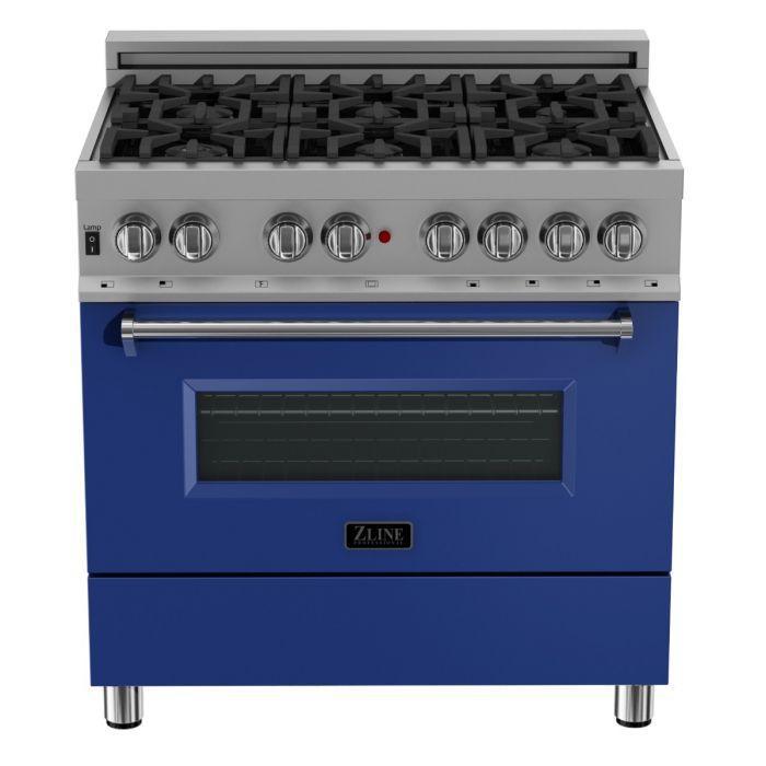 ZLINE 36 in. Professional Gas Burner/Electric Oven in DuraSnow® Stainless with Blue Matte Door, RAS-BM-36