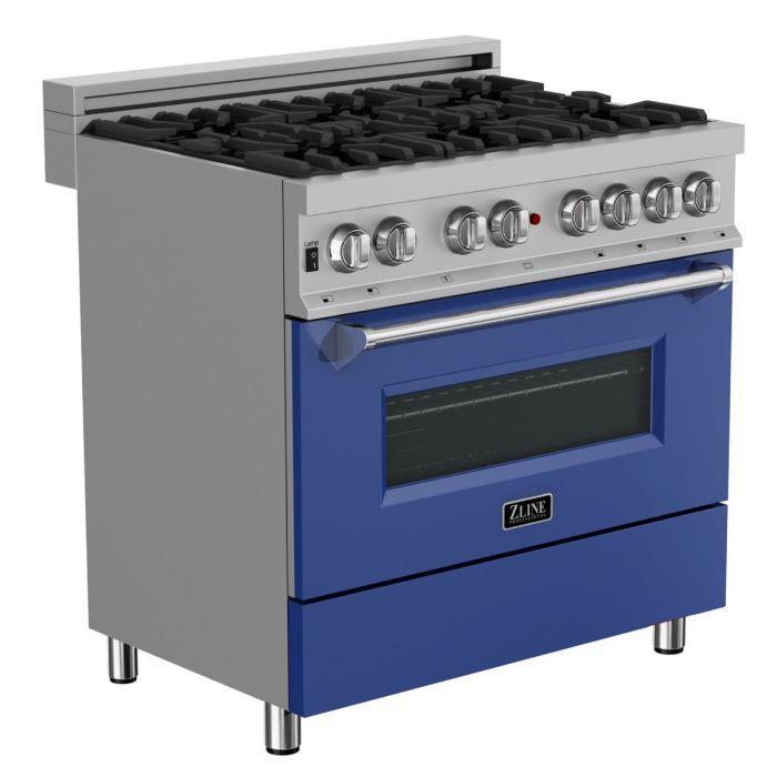 ZLINE 36 in. Professional Gas Burner/Electric Oven in DuraSnow® Stainless with Blue Matte Door, RAS-BM-36